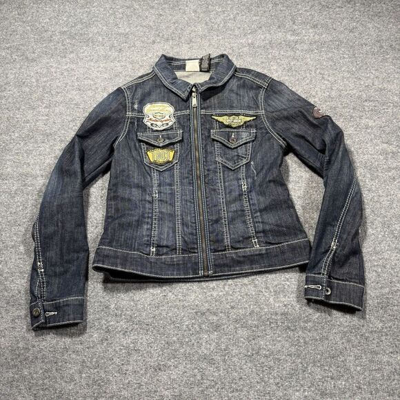 Harley Davidson Jean Jacket Womens Medium Denim Patches Zip Up Biker Motorcycle - Picture 1 of 11